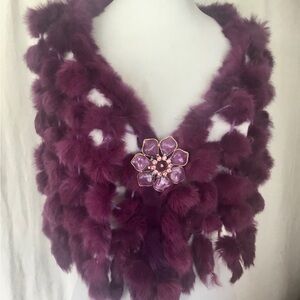 Purple Real Fur Pom-Pom Scarf with Floral Brooch